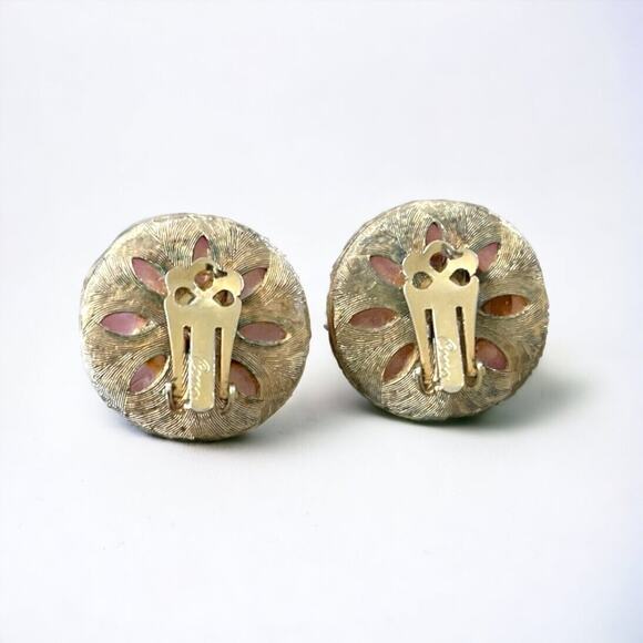 Vintage Coro 40s 50s Pink Large Round Earrings Faux Stone Gold Look Trim Clip On - Picture 4 of 4